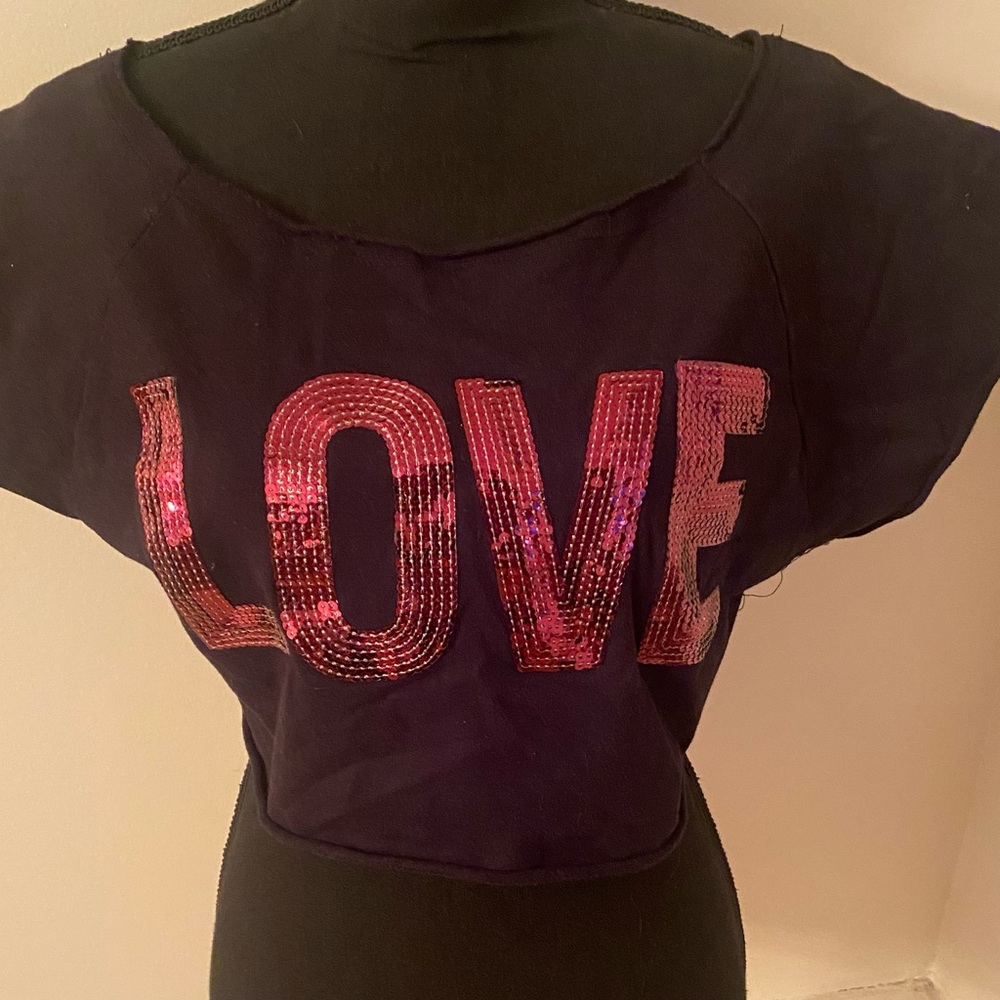 Chocolate Black Crop Top with Pink Sequin with the word Love Off the Shoulder